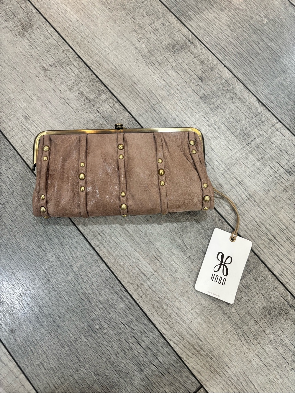HOBO Lauren Pleated Hazel Color Leather Studded Clutch Wallet - Picture 2 of 7